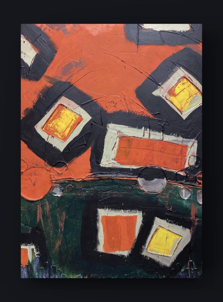 Abstract painting of heavy black outlines on orange and yellow rectangles.