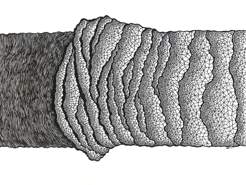 Black and white sketch of a corroded wire.