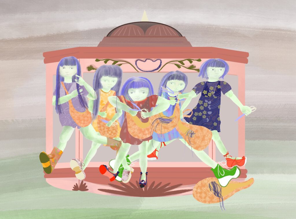 Watercolor of five young girls running with scissors.