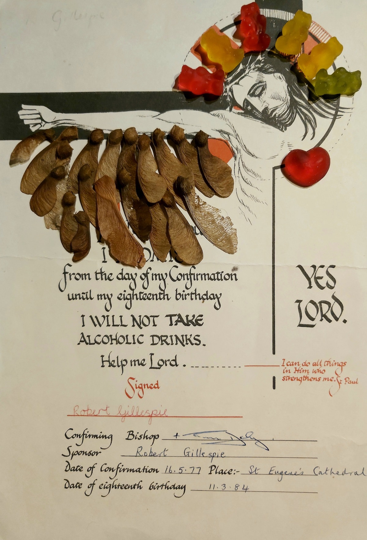 A Confirmation certificate with food and seeds pasted upon it