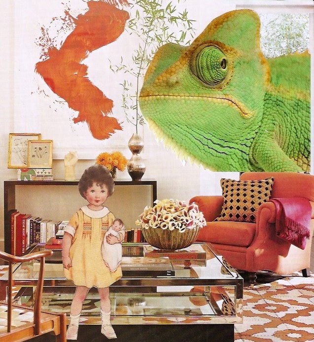 A color collage of a child in front of a living room with a giant lizard staring at her