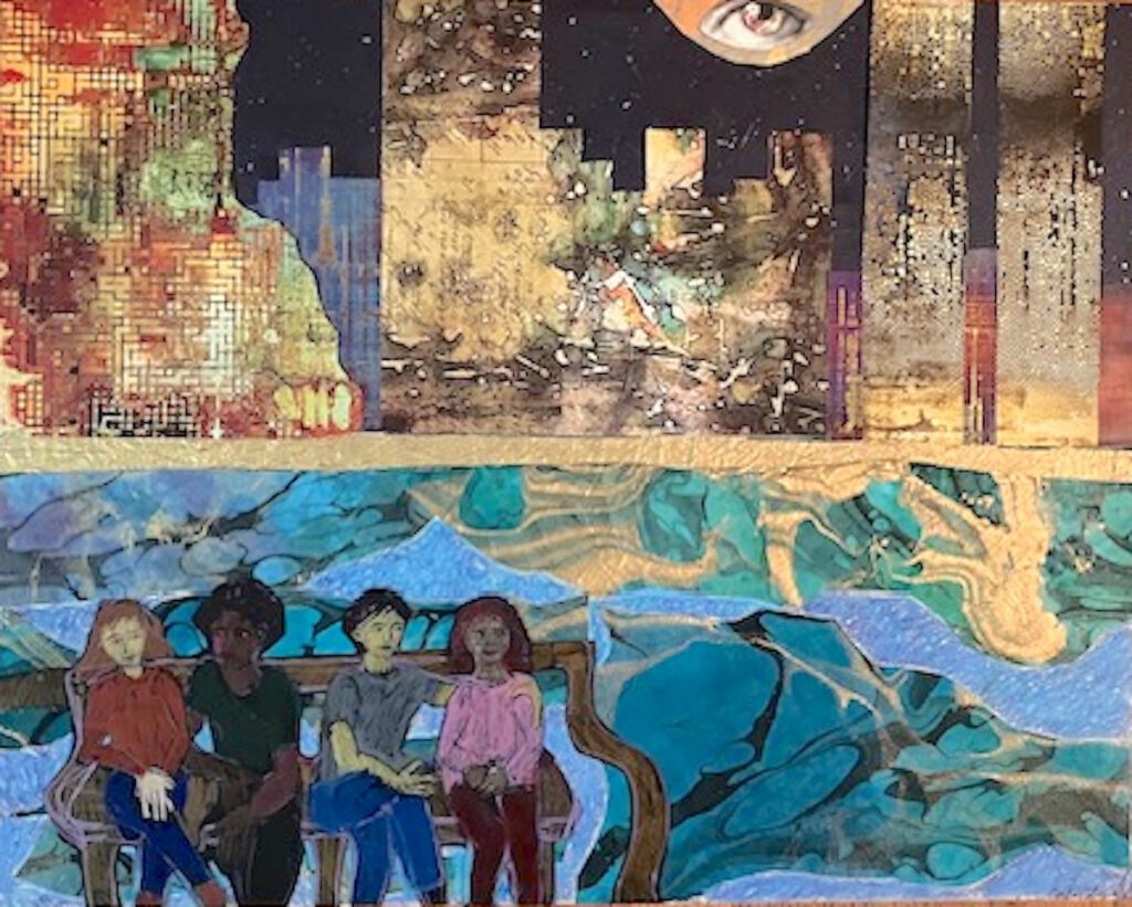 Colorful collage of four people on a bench by a river with the city behind them