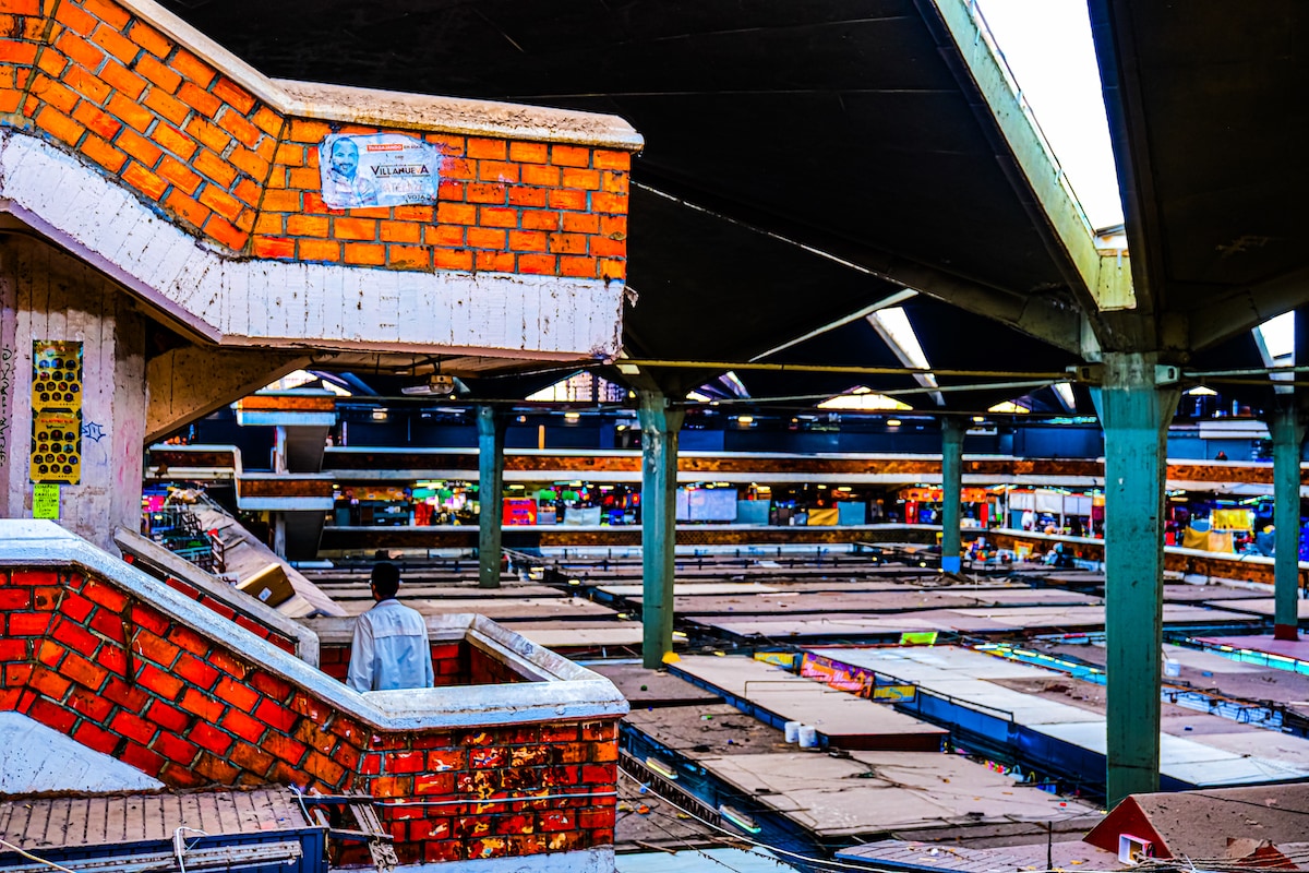 Outdoor night time photo of a colorful marketplace